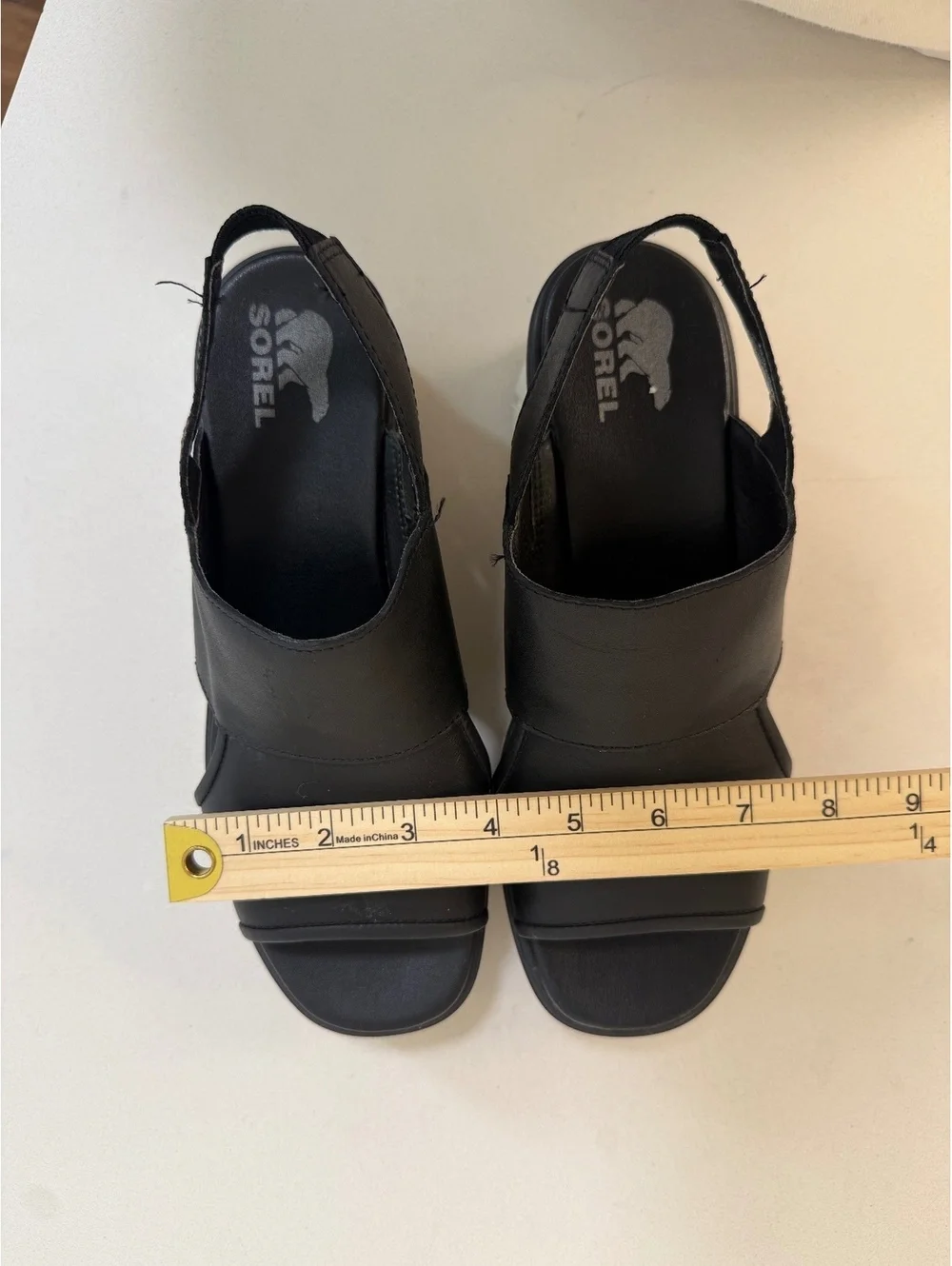 Sorel Women's Black Wedge Sandals with Wood-Effect Platform 9/9.5